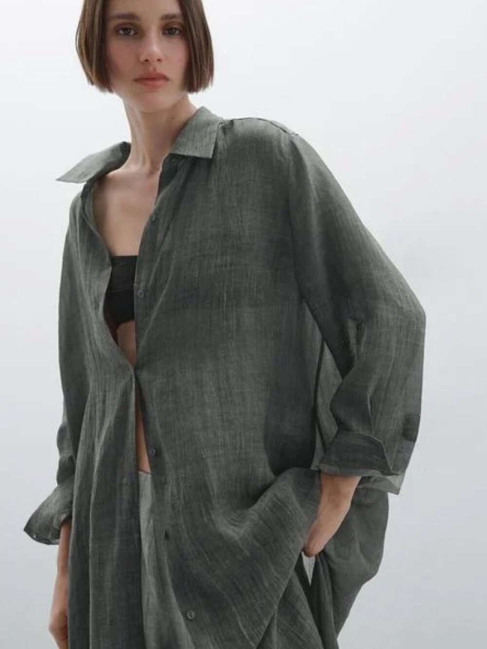 Massimo Dutti Greyish Blue Ramie Blend Button Down XS